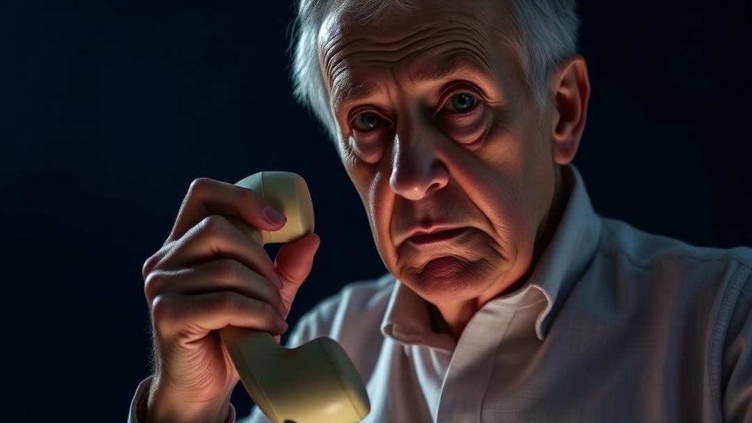 Ältere Person mit besorgtem Blick am Telefonhörer