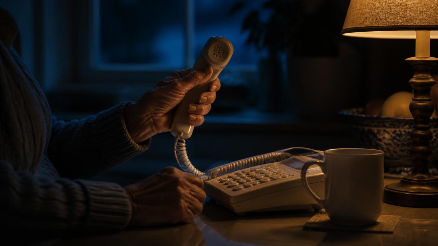 Ältere Person hält einen Telefonhörer am Küchentisch