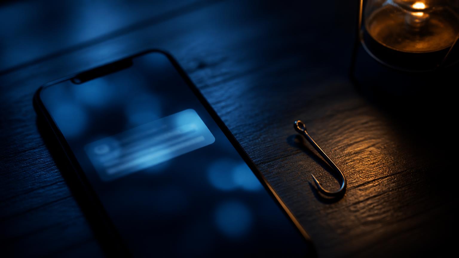 Smartphone mit unscharfer Nachricht neben einem Angelhaken