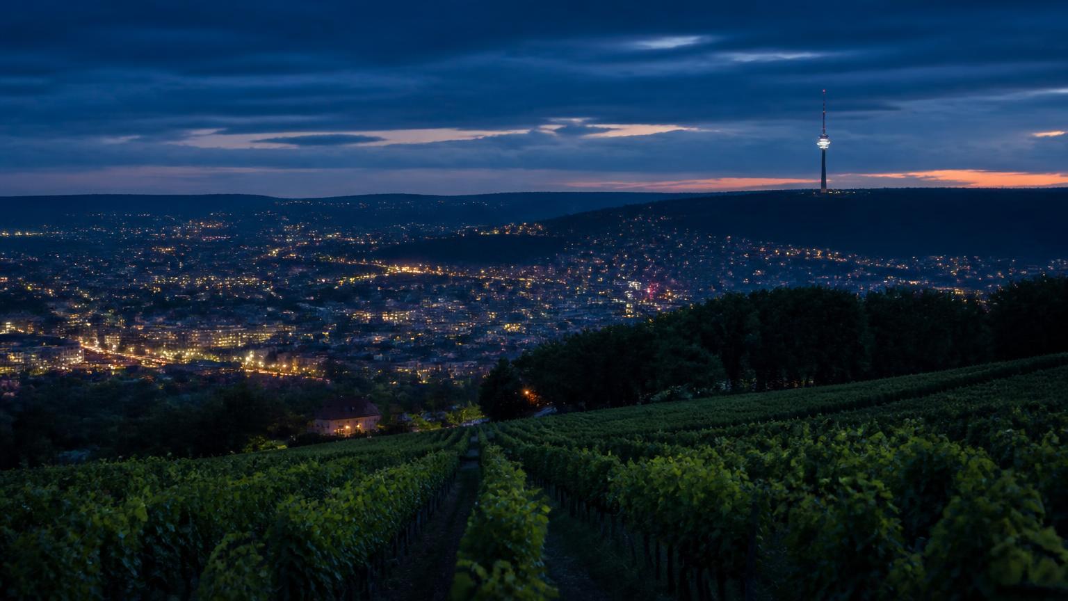 Stuttgart in der Abenddämmerung, Fernsehturm über den Weinbergen