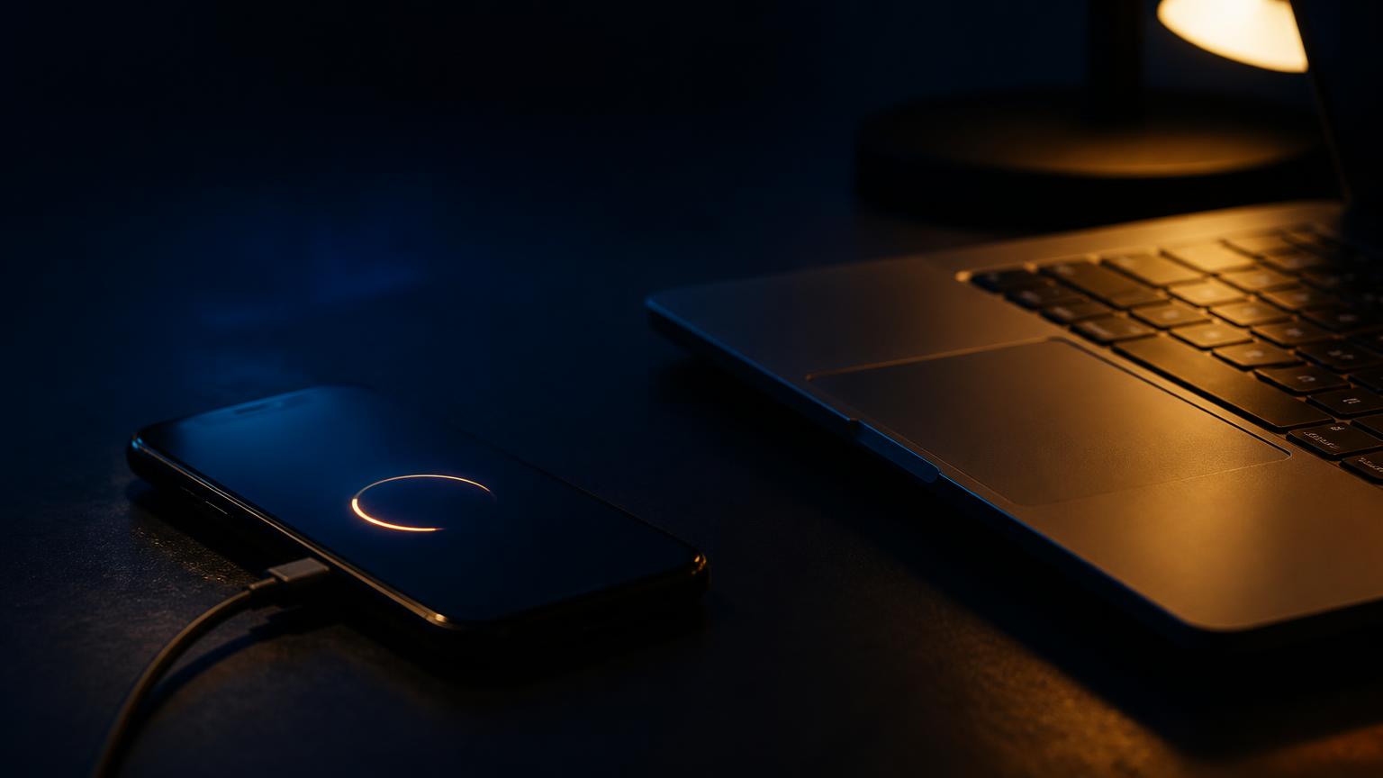 Smartphone und Laptop auf einem dunklen Schreibtisch während einer Aktualisierung